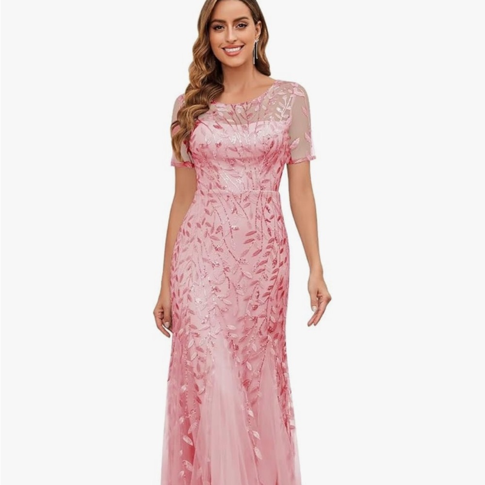 Pink sequined mermaid-style mother of the bride or bridal party pink gown